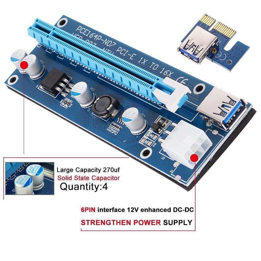 CORN Mining Riser Card PCIE Mining Rig USB 3.0 GPU Riser Adapter Monero ETH BTC Miner with USB 3.0 Data Cable 60CM 15Pin SATA to 6Pin Power Cable Adhesive Pad VER006C Riser Cables 6 Pack