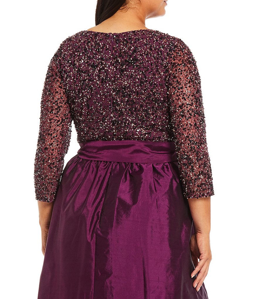 Pisarro Nights Plus Size 3/4 Sleeve Boat Neck Beaded Gown