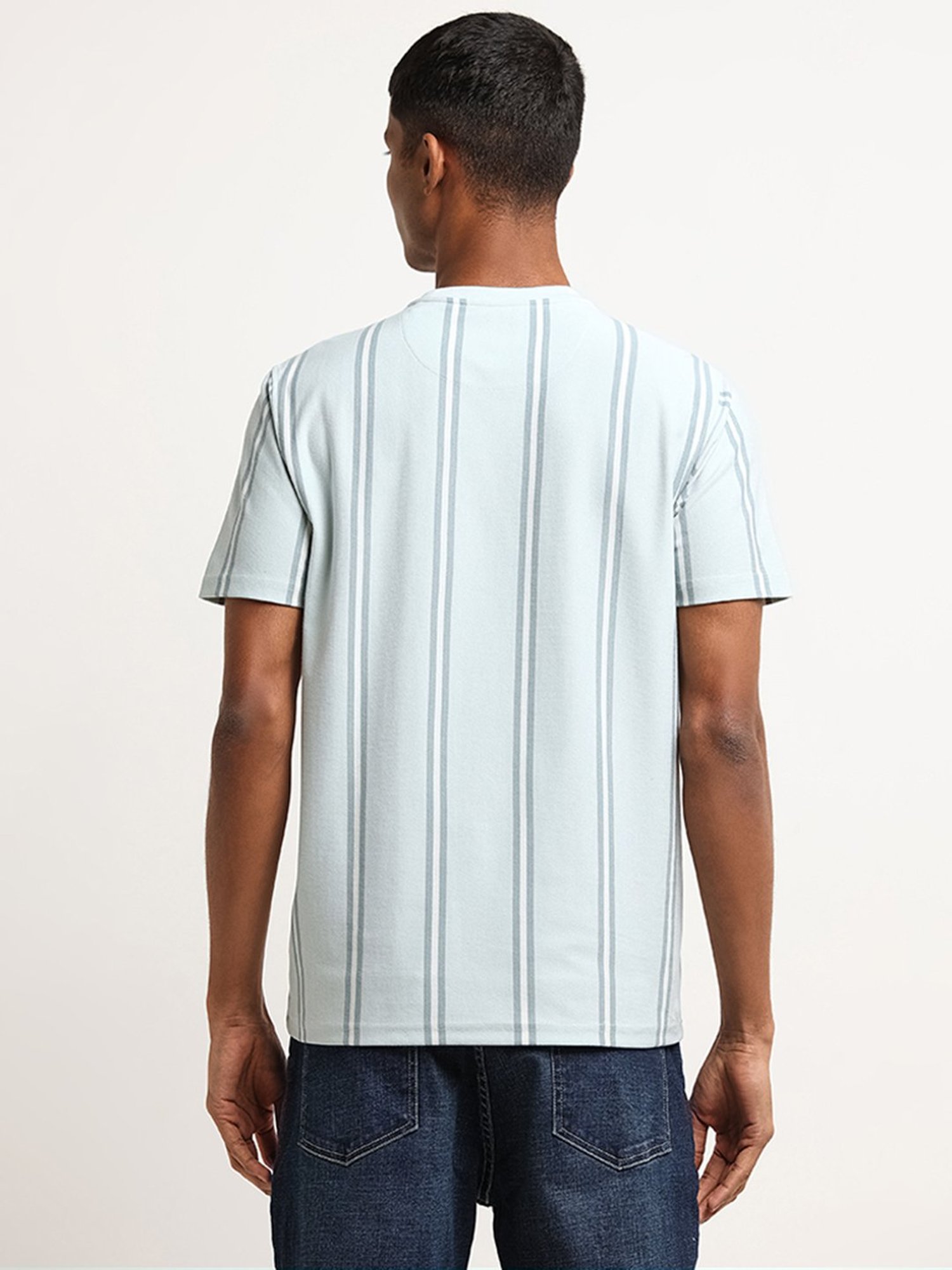 Nuon by Westside Blue Slim Fit Striped T-Shirt