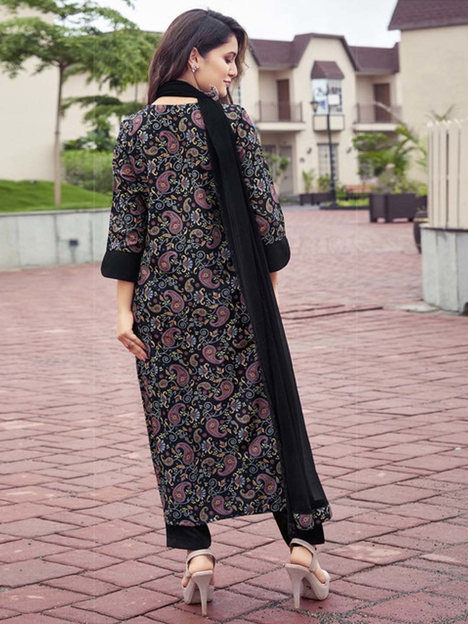 URBAN MYSTIC Black Rayon Embroidered Kurta & Sharara Set