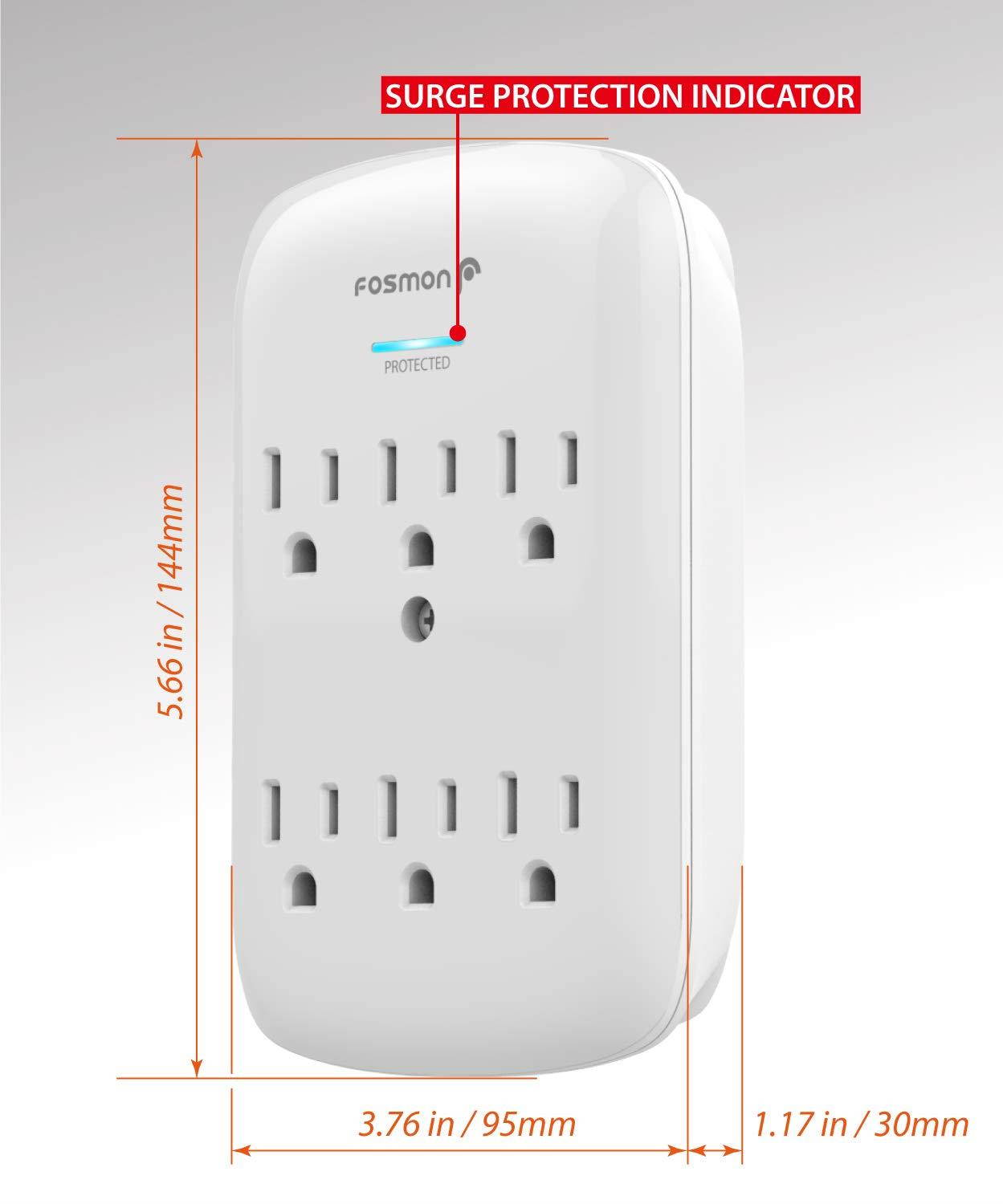 6 Outlet Wall Mount Surge Protector (2 Pack), Fosmon 3-Prong Surge Suppression 900 Joules, 15A 125VAC 60Hz 1875Watts Wall Outlet Adapter, Grounded LED, ETL Listed - White