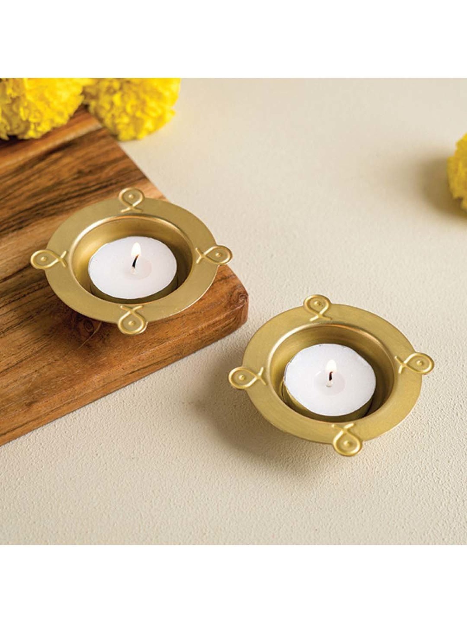 COPPRE Rangoli Golden Brass Diwali Tealight - Set of 2