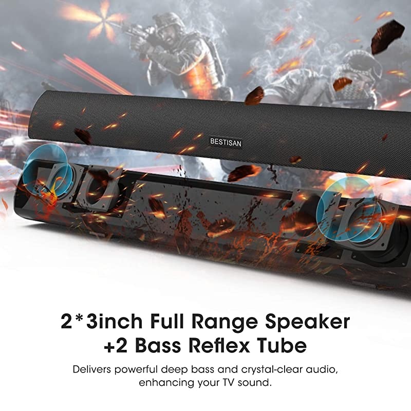 Bestisan Sound bar with Strong Bass Wireless Bluetooth 50 Audio Speakers for TV 3D Stereo Surround 28 Inch 60W DSP Bass AdjustableOpticalAUXRCA Wall Mountable