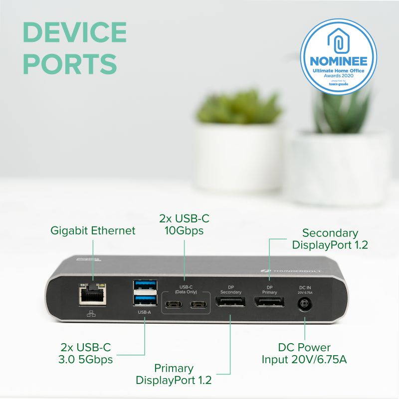 Plugable Thunderbolt 3 and USB C Dock with 60W Charging, Compatible with MacBook / MacBook Pro and Windows Laptops, Dual DisplayPort, 2x USB-C, 3x USB 3.0, Gigabit Ethernet, Audio Jack - Horizontal
