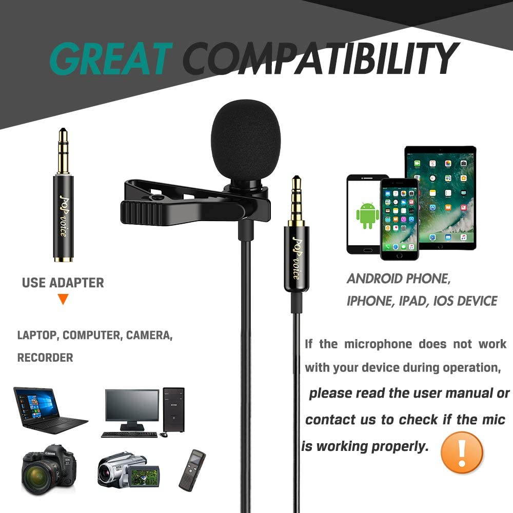 PoP voice Professional Lavalier Lapel Microphone Omnidirectional Condenser Mic for iPhone Android Smartphone,Recording Mic for Youtube,Interview,Video