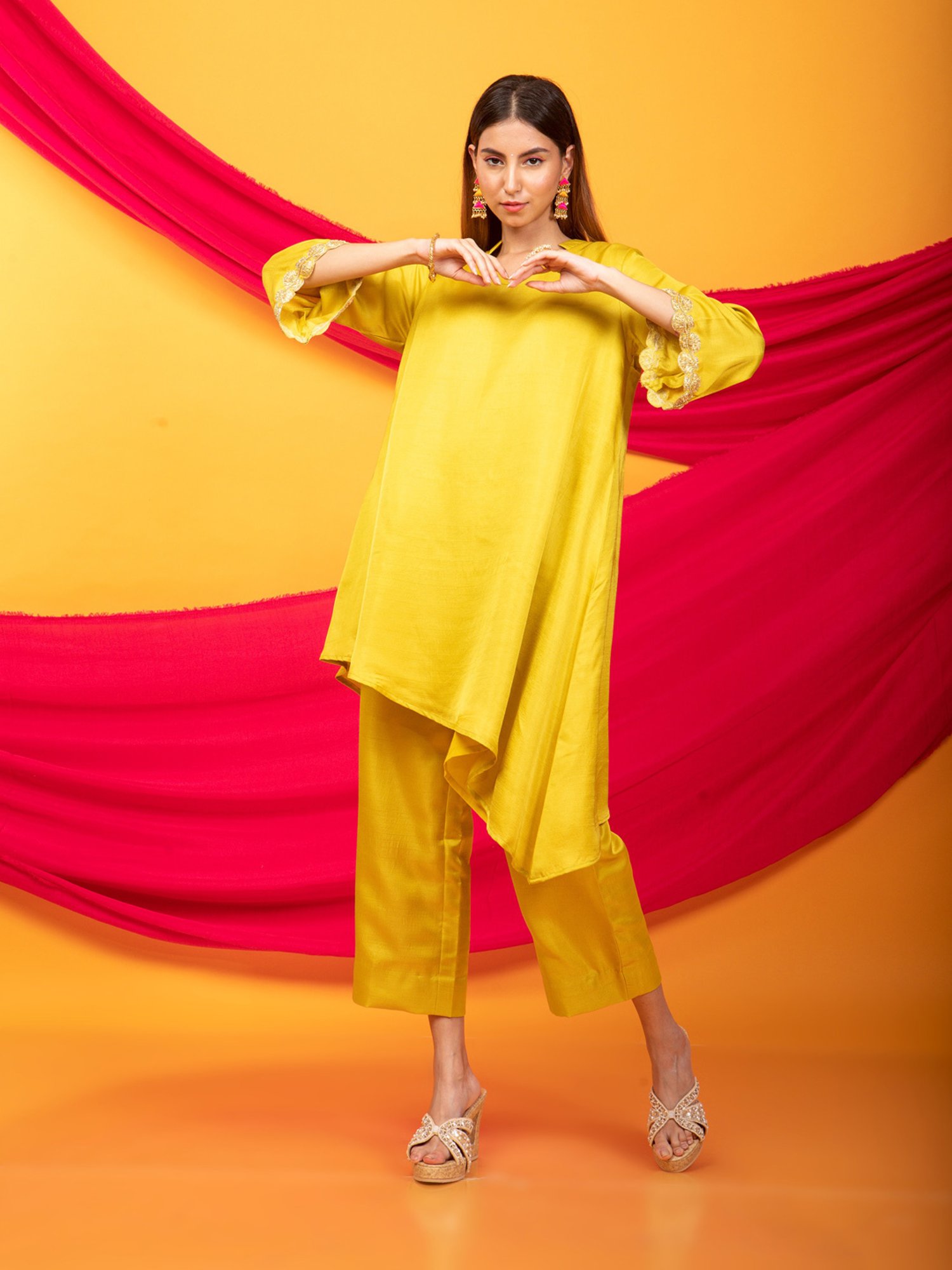 Monk & Mei Nusrat Assymetrical Kurta and Pant Co-ord Set-Canary Yellow