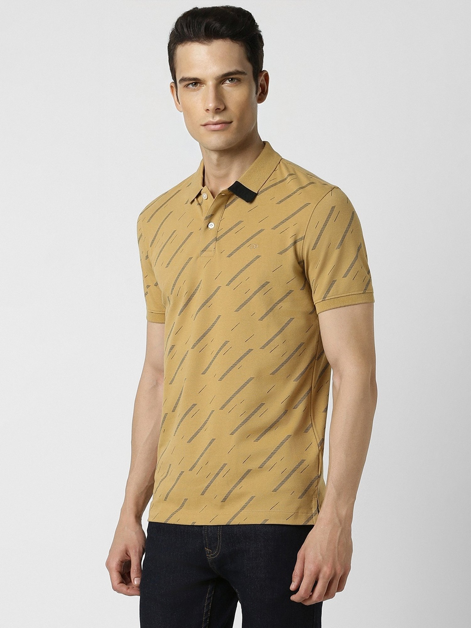 Peter England Yellow Cotton Slim Fit Printed Polo T-Shirt