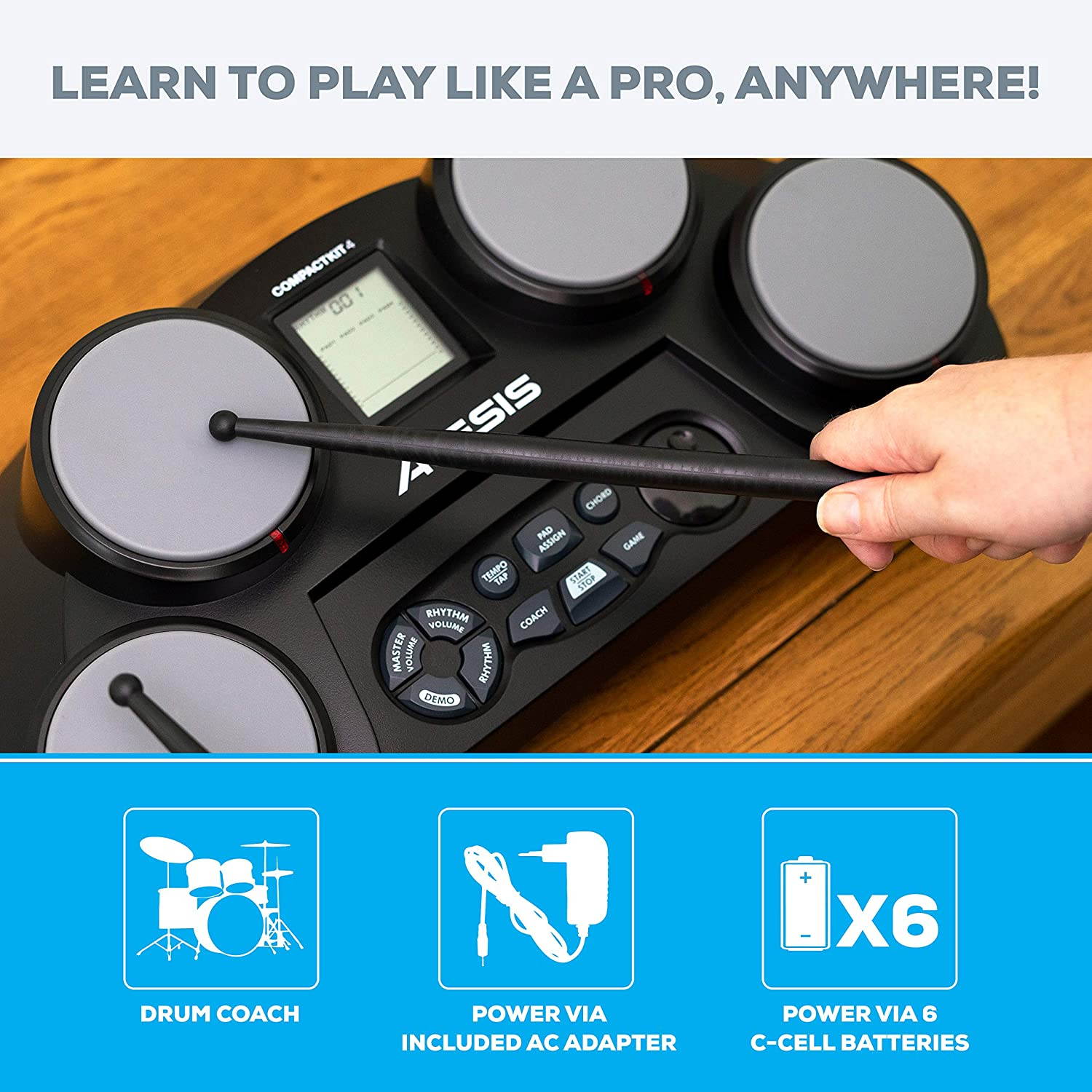 Alesis Compact Kit 4 | Portable 4-Pad Tabletop Electronic Drum Kit with Velocity-Sensitive Drum Pads, 70 Drum Sounds, Coaching Feature, Game Functions, Battery- or AC-Power and Drum Sticks Included