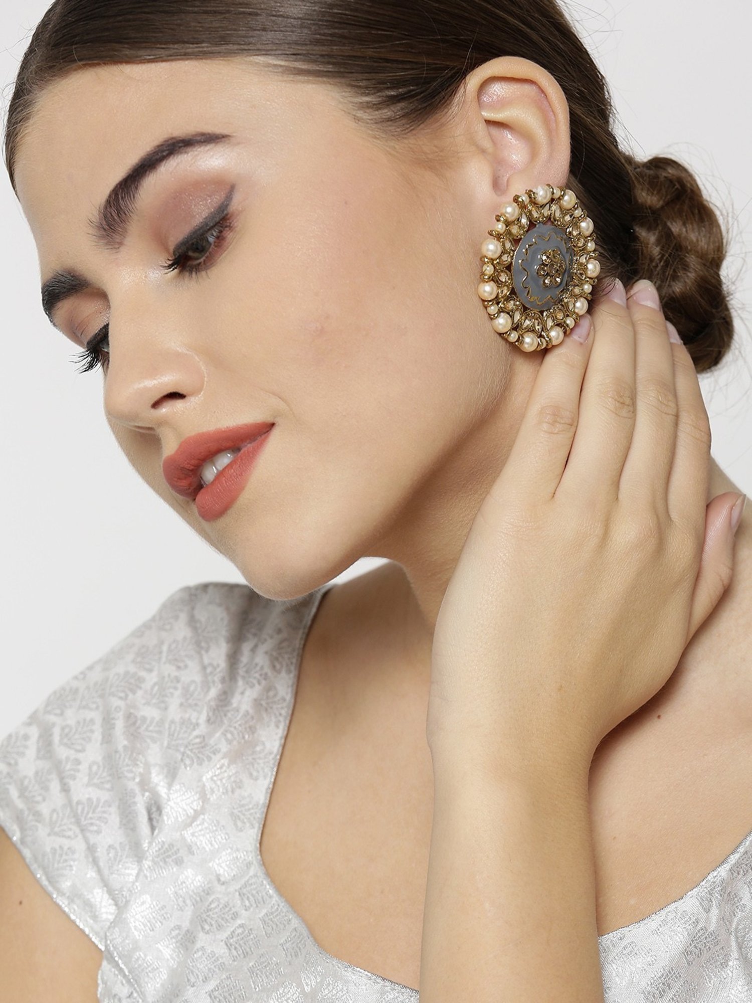 Priyaasi Gold-Plated Pearls and Stone Studded Round Shape Large Stud Earrings