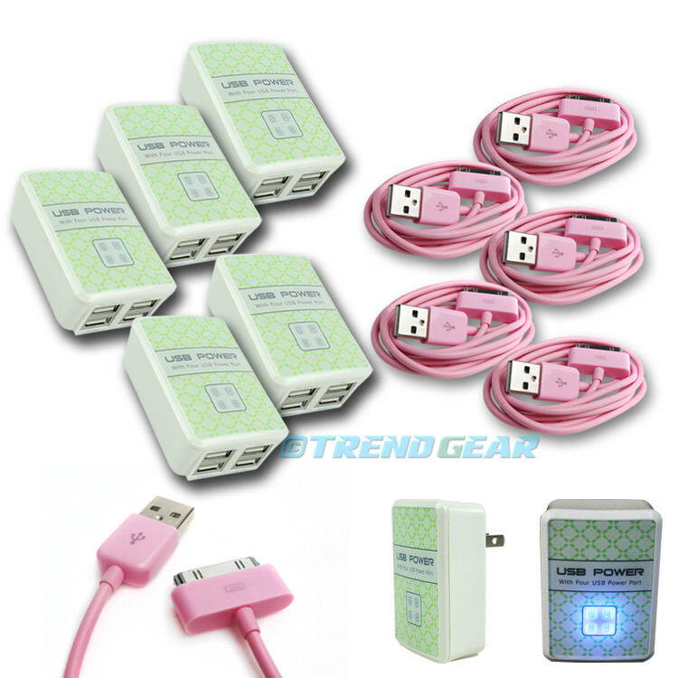 5X 4 USB PORTS HOME WALL ADAPTER+10FT CABLE POWER CHARGER PINK GALAXY TAB NOTE