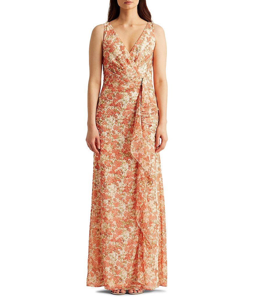 Jkara Chiffon Popover Beaded V-Neck 3/4 Capelet Sleeve Gown