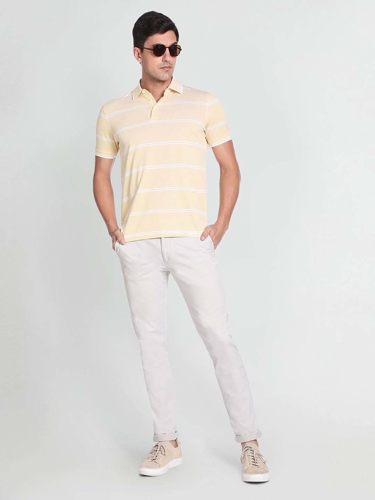 Arrow Yellow Regular Fit Striped Polo T-Shirt