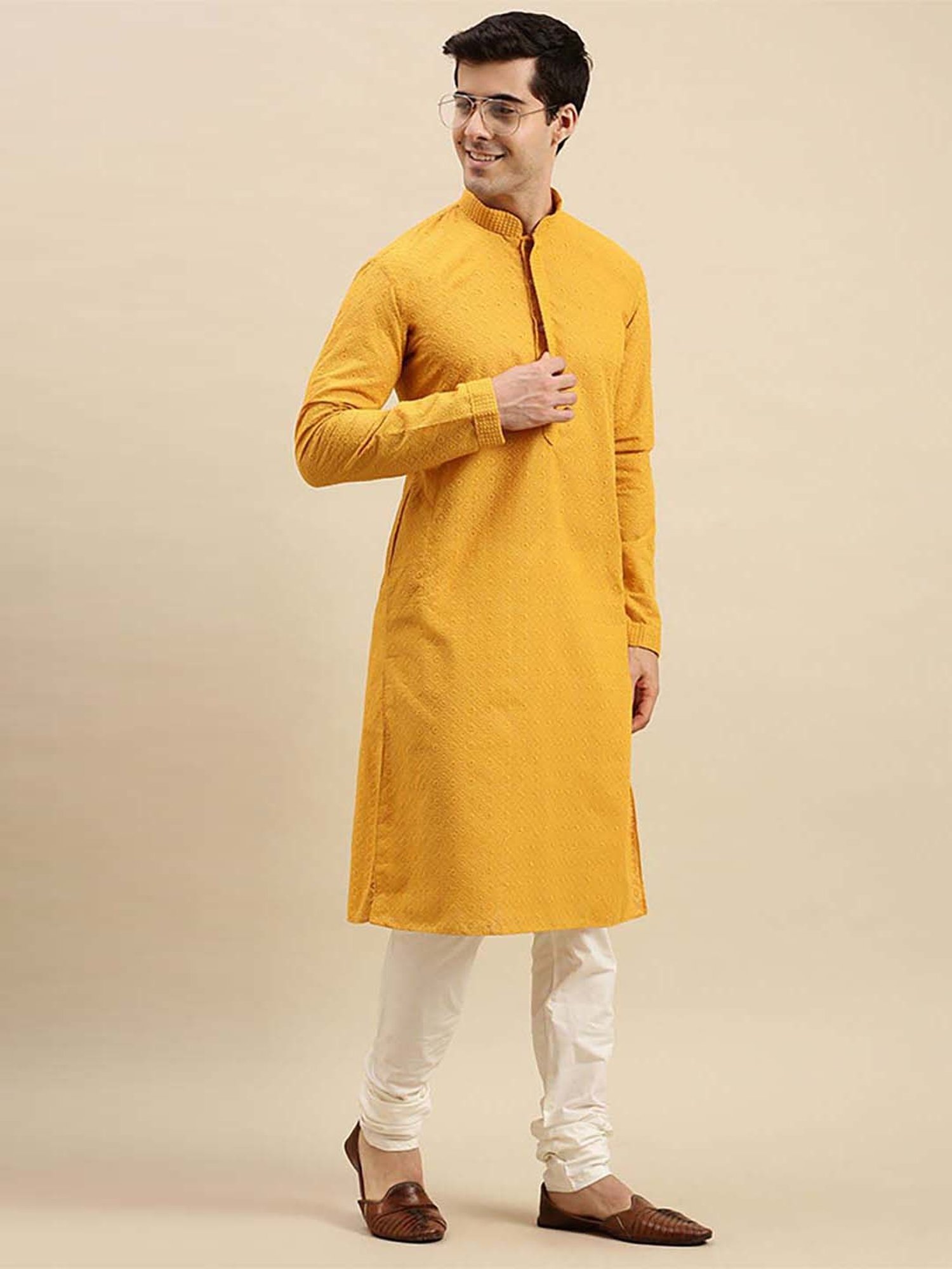 Sanwara Mustard Yellow & White Cotton Regular Fit Chikankari Kurta Bottom Sets