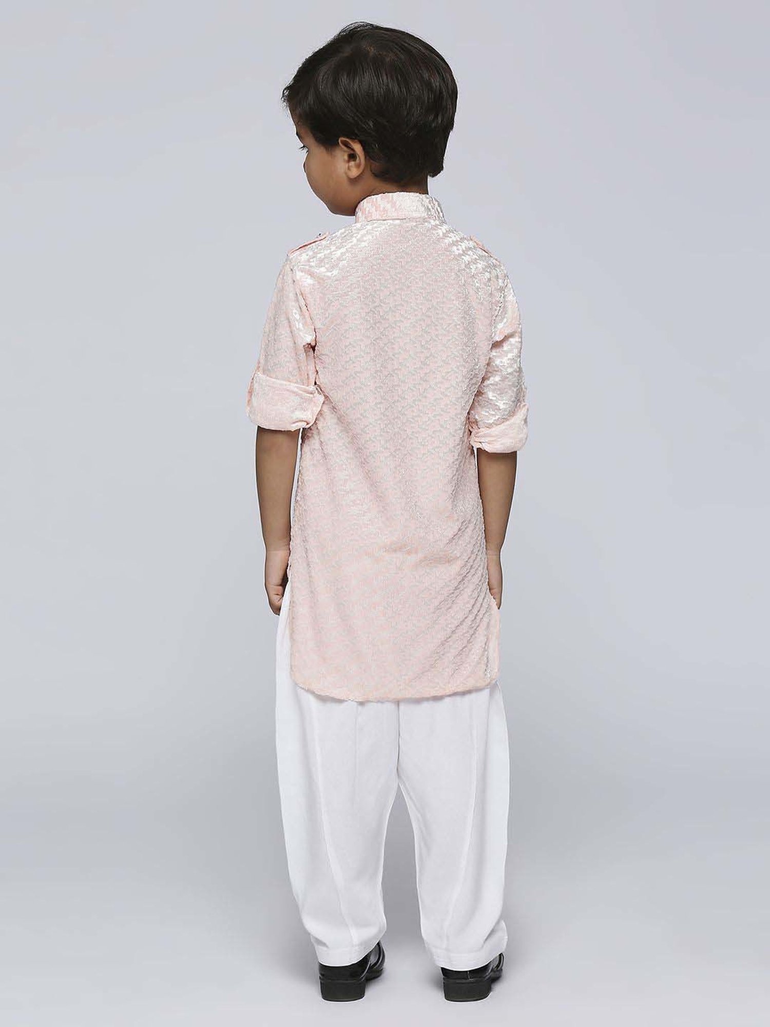 Kids Island Boys Peach Embossed Full Sleeves Kurta Set