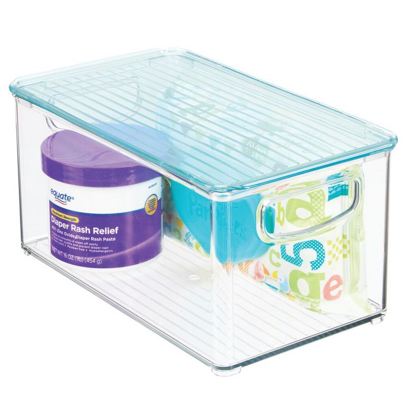 mDesign Plastic Storage Organizer Bin, Lid for Kids Supplies, 4 Pack, Clear/Blue