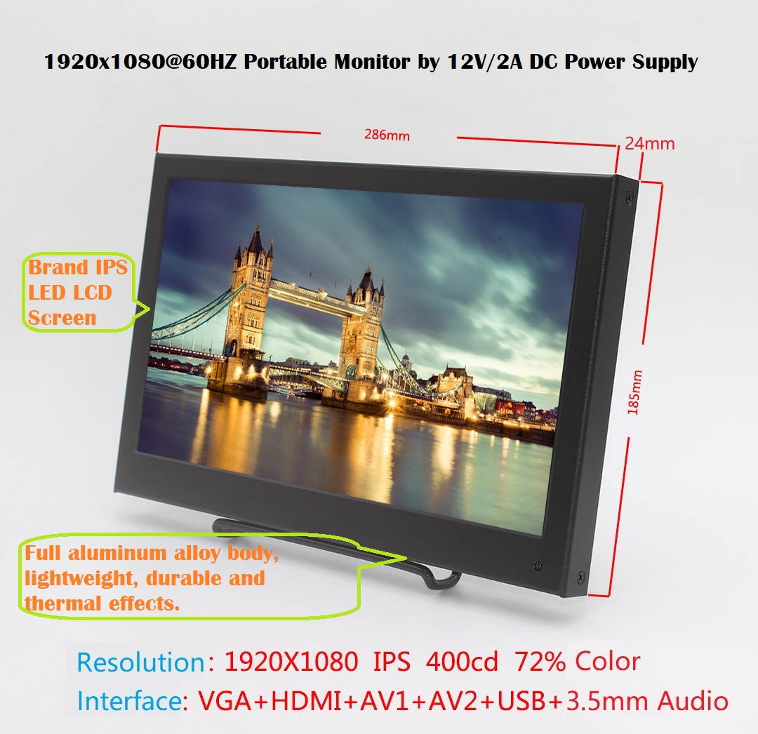 11.6" Portable Display 11.6 inch 1920x1080 60HZ Full HD 1080p IPS LED LCD Monitor with HDMI VGA USB AV  Headphone Ports, 12V 2A DC Power Supply,  Dual Built-in Speaker.