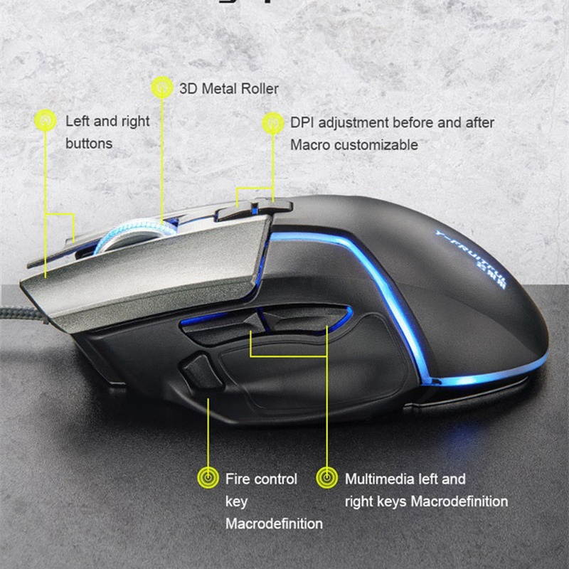 Y-FRUITFUL Gaming Mouse Ergonomic Wired Mouse 8-Key LED 6400 DPI Optical Macro Programmable USB Computer Mouse Wired Gaming Mouse with Backlight for PUBG FPS