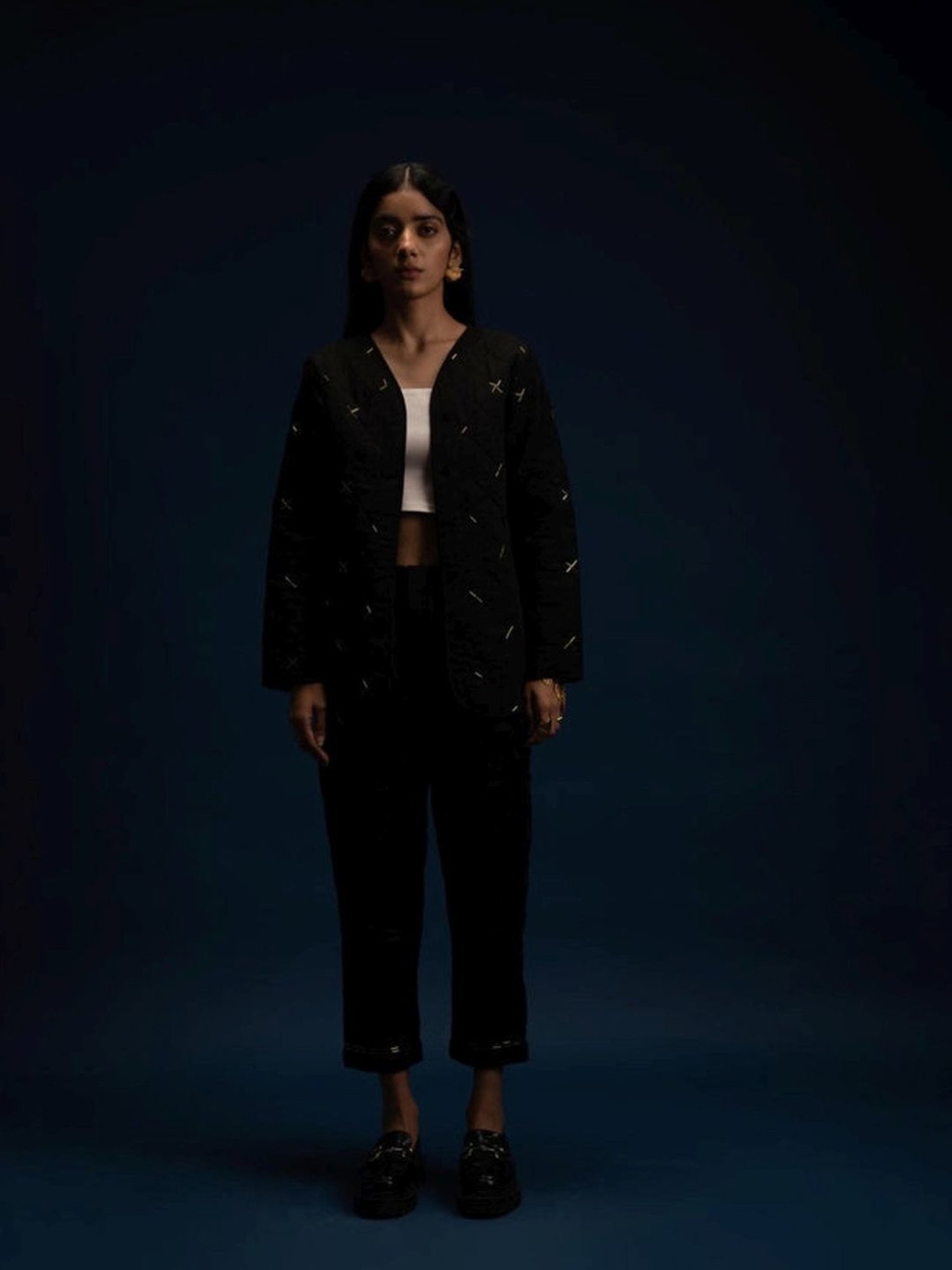 Khajoor Studio Black Fragments Dancing Stars Quilted Jacket with Pant