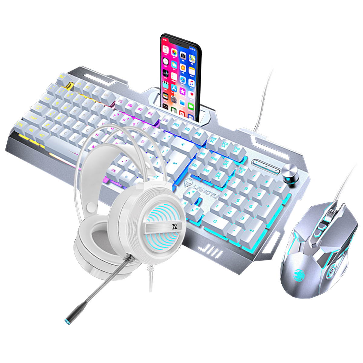 Wired RGB Backlit Gaming Keyboard and Mouse, Gaming Mouse Pad, Gaming Headset,All in One Combo for PC Gamers, White, GK35
