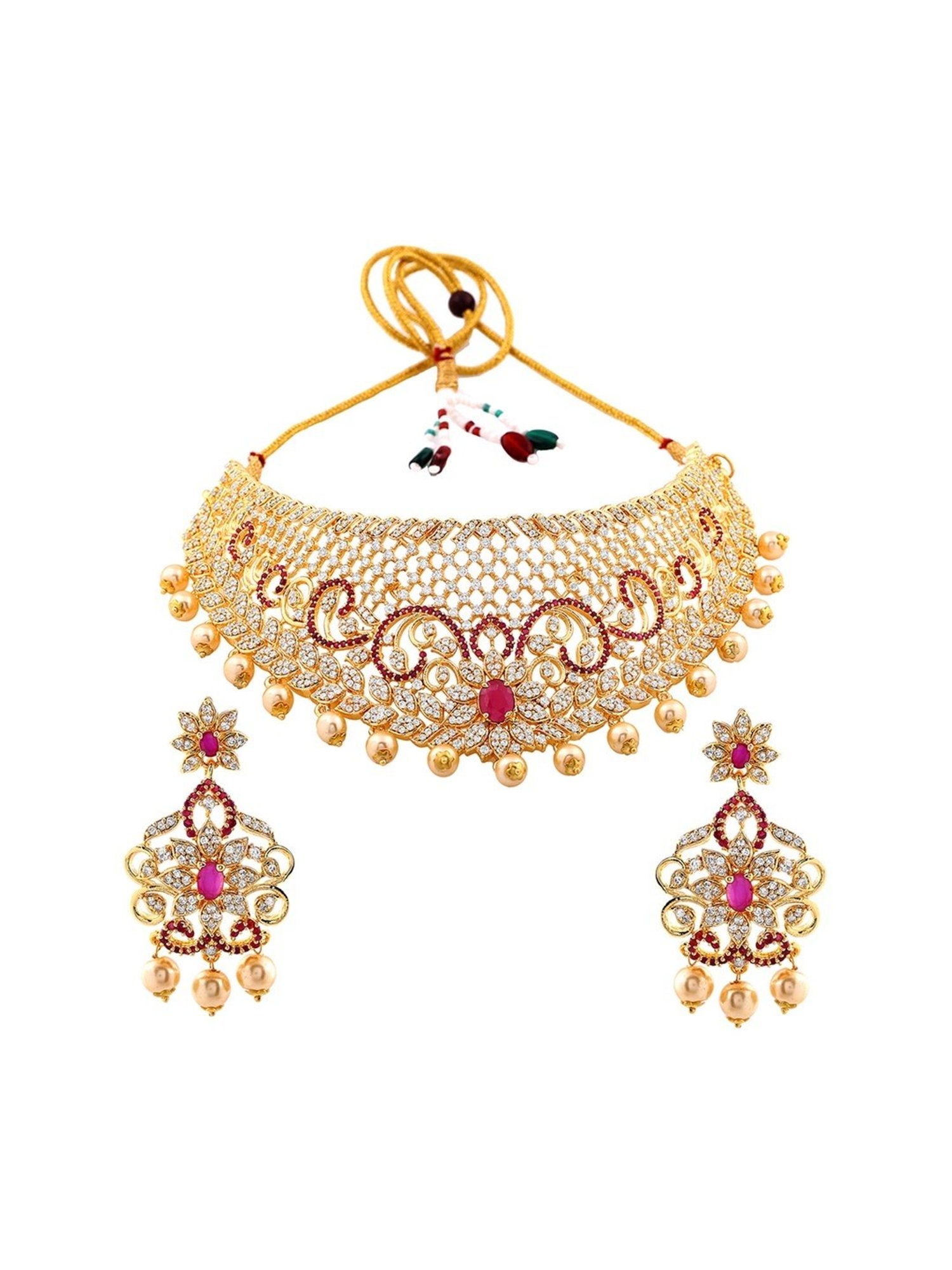 Estele Gold-Plated CZ Bridal Choker Necklace Set with Red Crystals & Pearls For Women