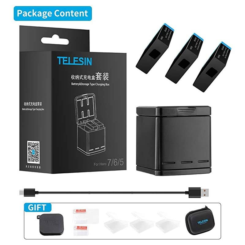 3-Pack Replacement Batteries and Triple Charger for GoPro Hero 8 Hero 7 Black Hero 6 Hero 5 Black Hero (2018) Camera, with Go Pro Small Carry Case, Lens Cover, Lens Protector, 3 Battery Case