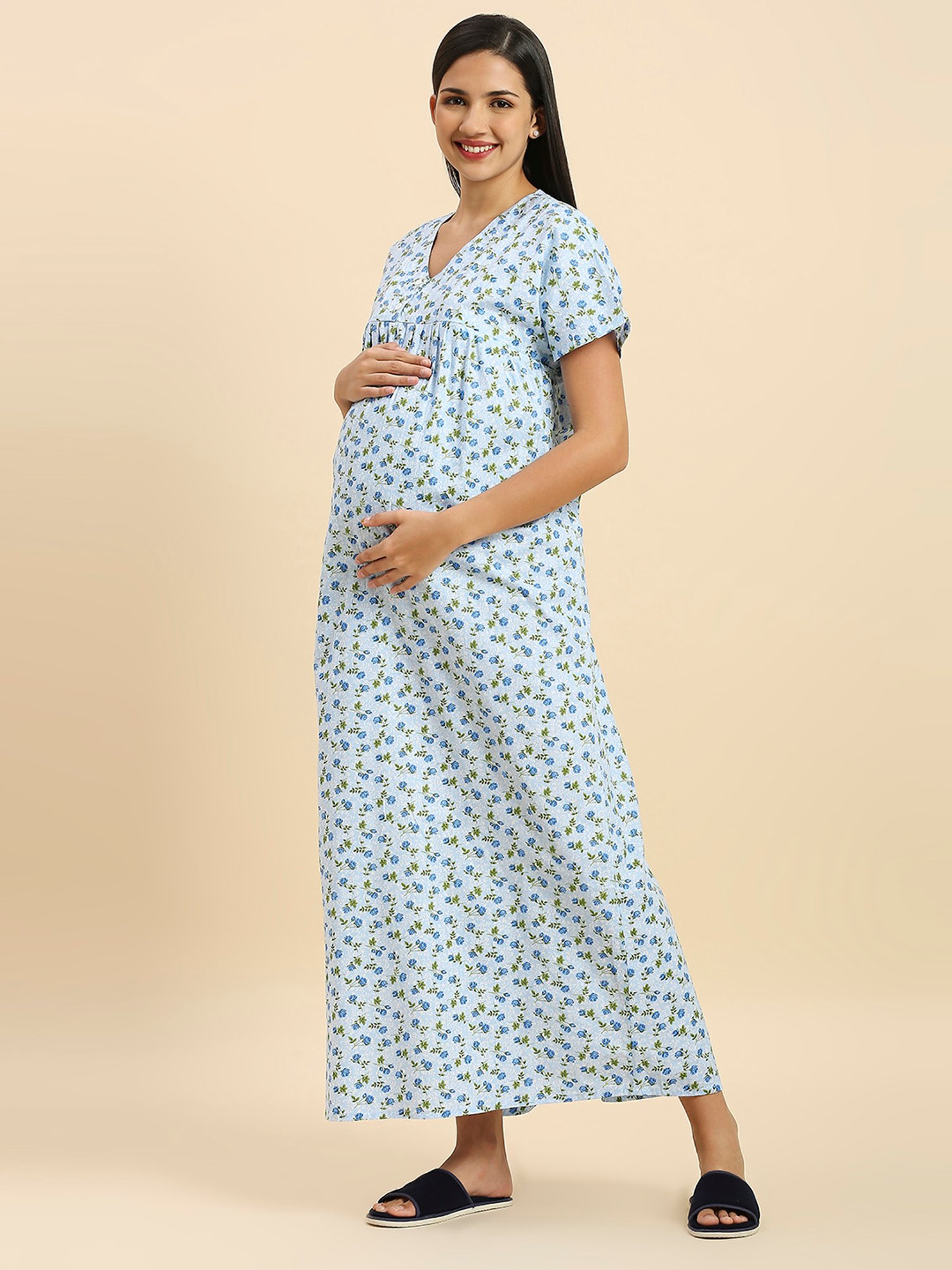MomToBe Blue Cotton Floral Print Feeding Nighty