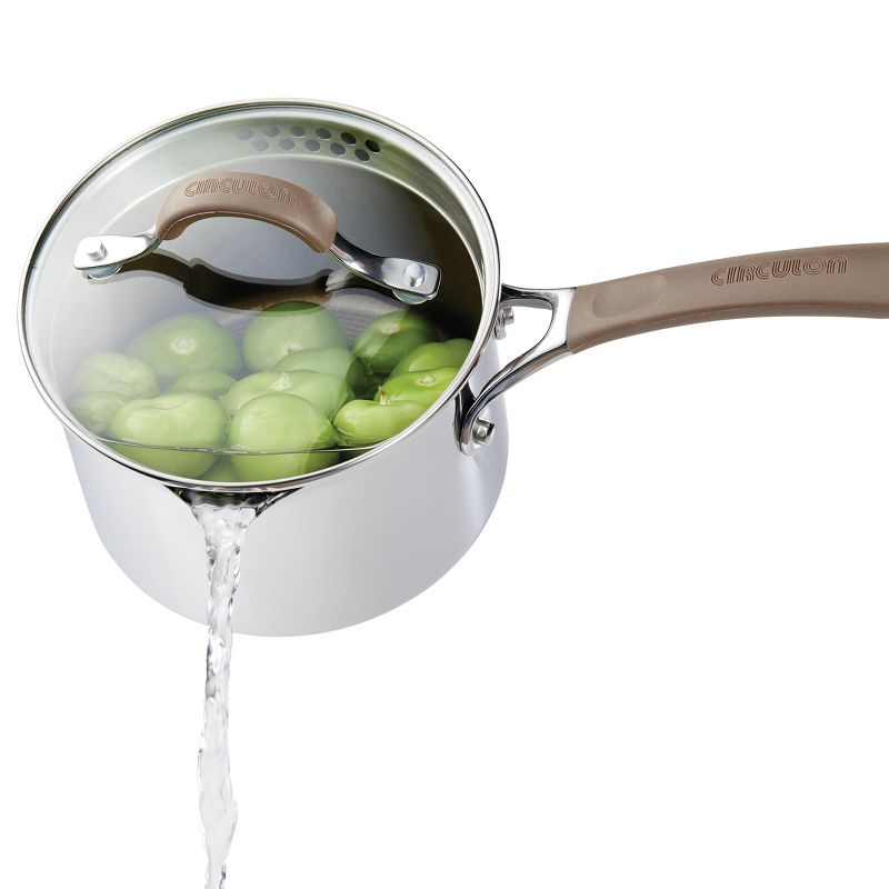 Circulon Innovatum 2qt Stainless Steel Nonstick Covered Straining Saucepan with Pour Spouts Champagne