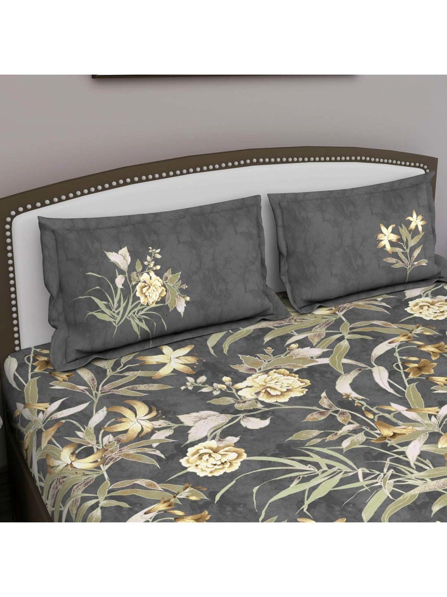 GM 'Serene' Grey & Yellow Cotton 210 TC Double Bedsheet with 2 Pillow Covers