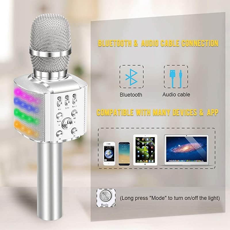Wireless Bluetooth Karaoke Microphone with controllable LED Lights, 4 in 1 Portable Karaoke Machine Mic Speaker Birthday Home Party for All Smartphones PC(Q36 Silver)