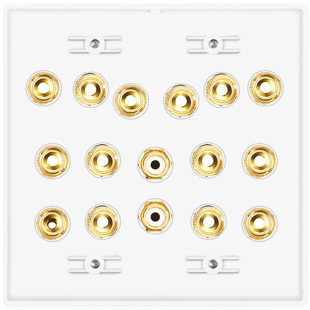 Home Theater Speaker Wall Plate Outlet - 7.2 7.1 Surround Sound Audio Distribution Panel, Gold Plated Copper Banana Plug Binding Post Coupler, 2 RCA LFE Input Jack for Subwoofer (2-Gang)