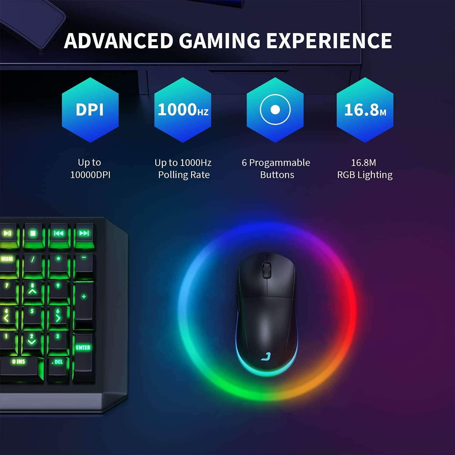 Jelly Comb Gaming Mouse Wired and 2.4G Wireless Dual-Mode RGB Backlit Mice Up to 10000 DPI Optical Sensorfor PC Computer Laptop Gaming Players (Black)