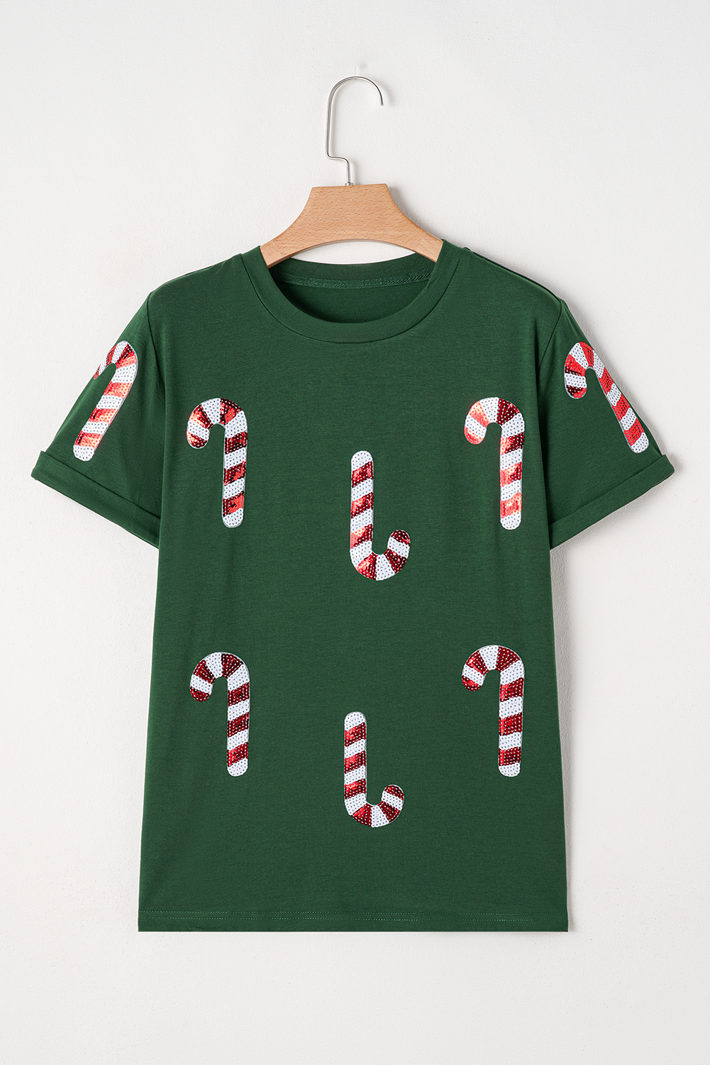 Green Christmas Candy Cane Round Neck T Shirt