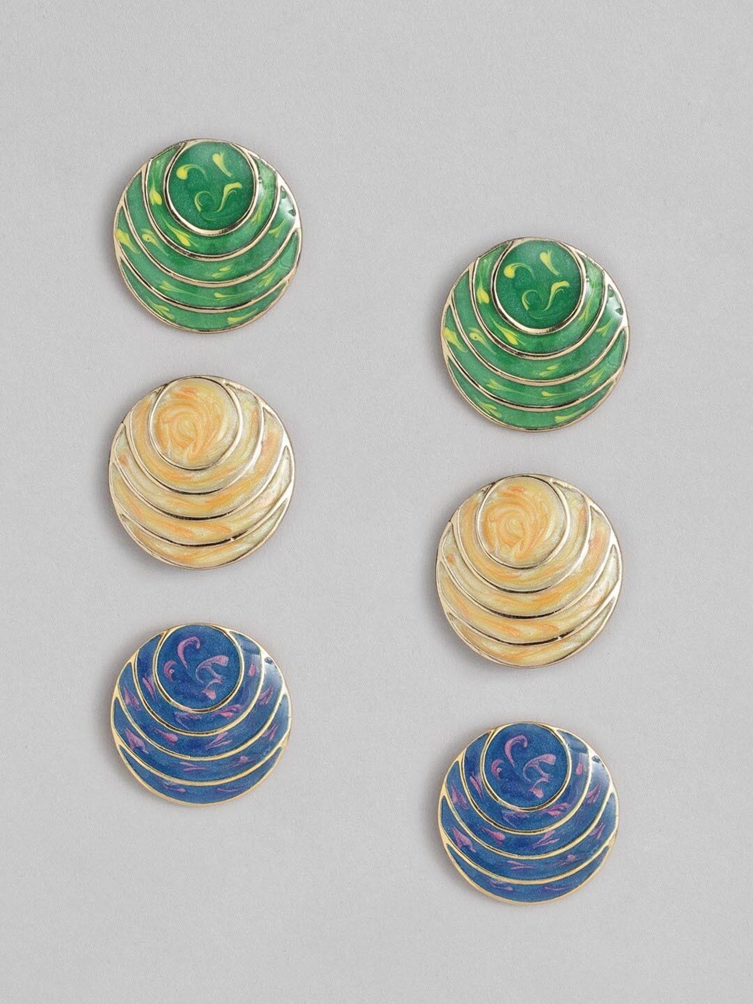 Estele Gold-Plated Stud Combo Earrings with Green, Blue & Beige Enamel for Women - Pack of 3