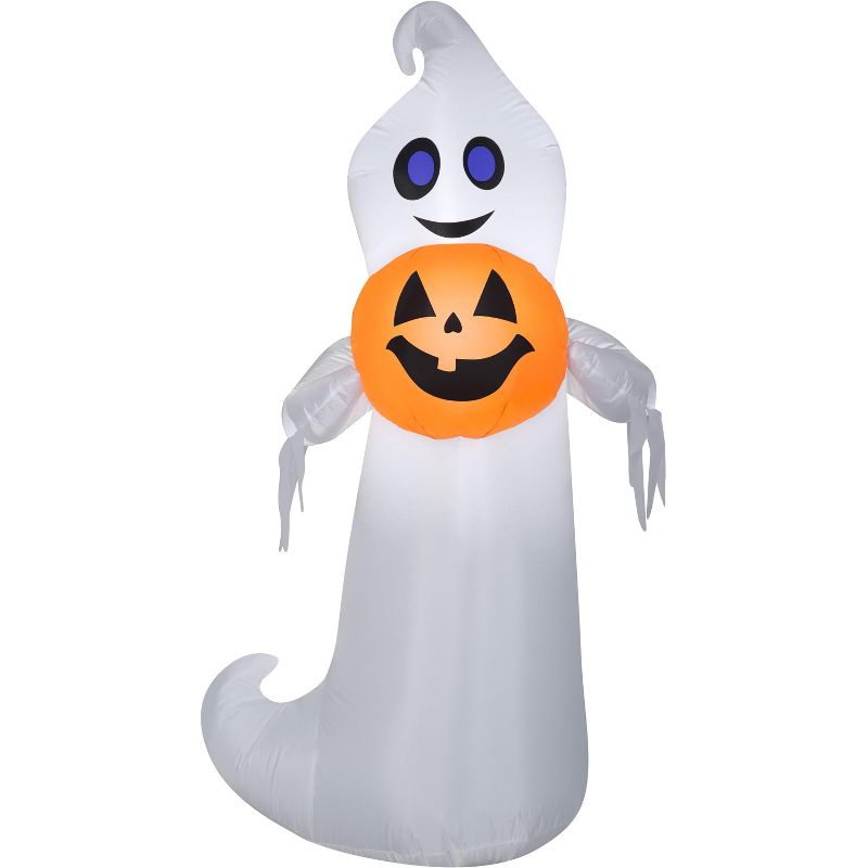 Gemmy Airblown Playful Ghost holding Pumpkin , 5 ft Tall, white