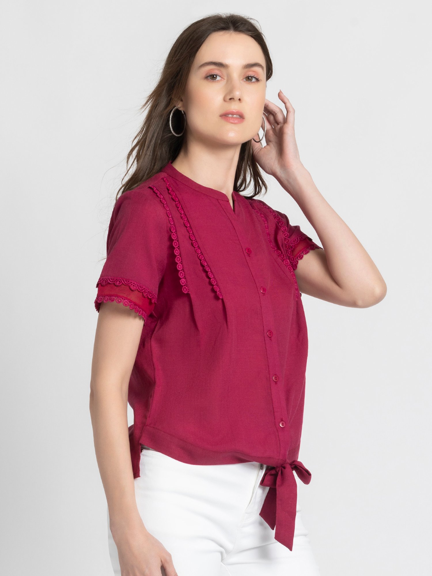 SHAYE Maroon Linen Regular Fit Top