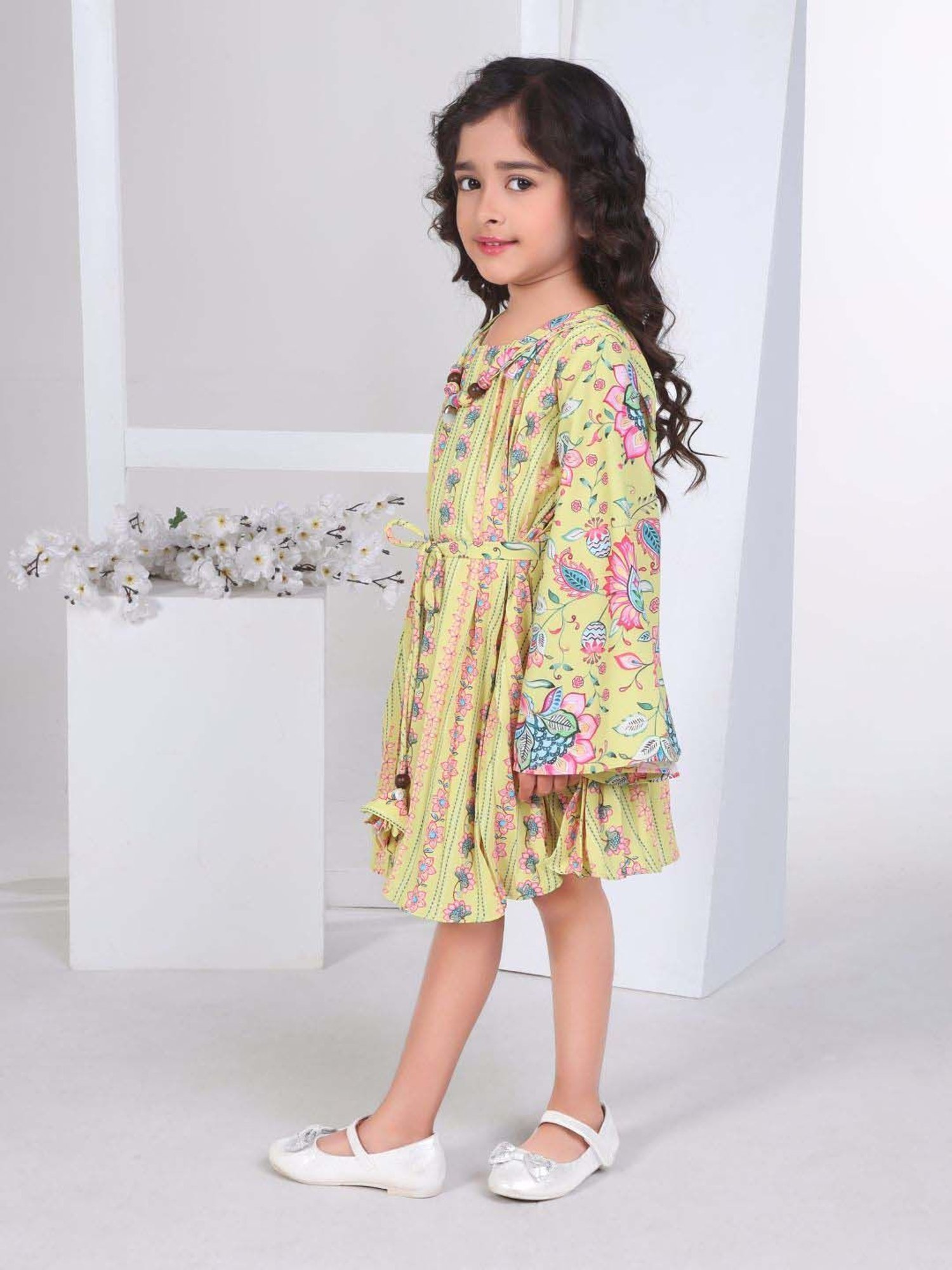 Peppermint Girls Green Floral Full Sleeves Dress
