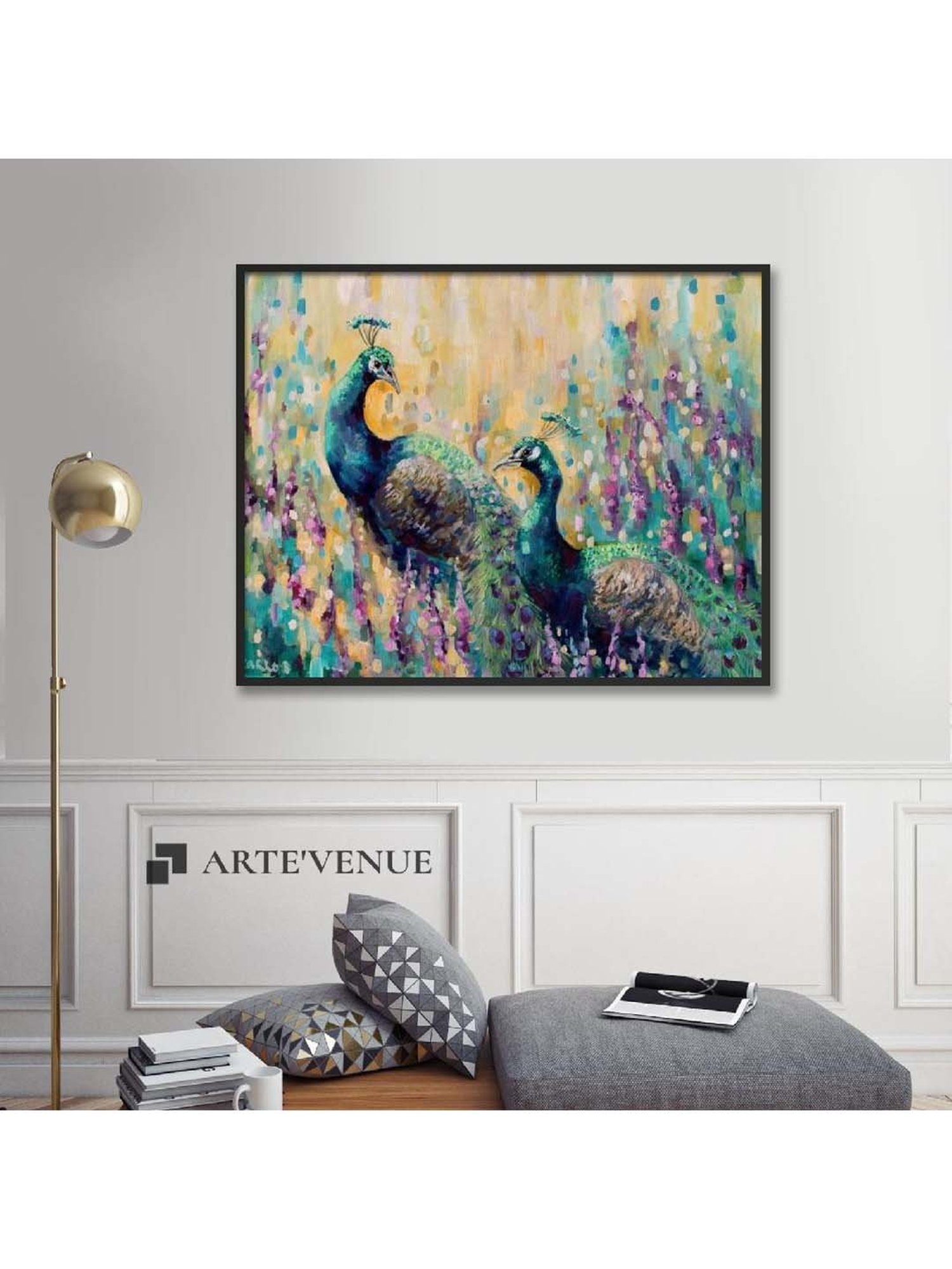 ARTE'VENUE Peacocks In The Field Multicolor Canvas Wall Art - Set of 1 (19 X 15 inch)