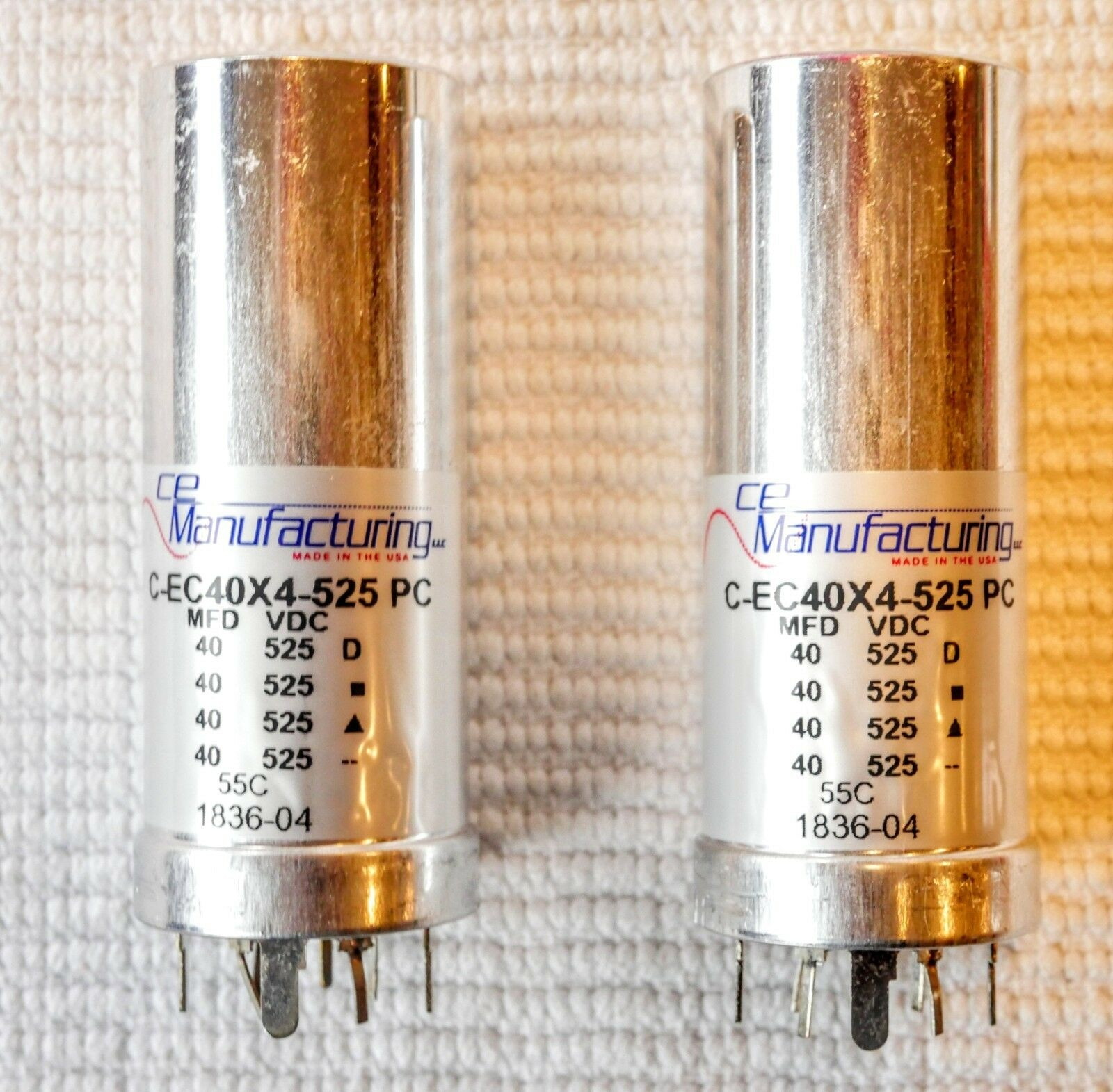 PAIR TWO Capacitor  CE MFG CAN ELECTROLYTIC MALLORY  525V, 40-40-40-40 MFD USA