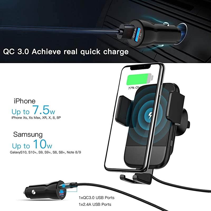 Wireless Car Charger,  Qi Auto-Clamping Air Vent Dashboard Car Phone Holder & QC3.0 Car Charger, 10W Compatible for Galaxy S10/S10+/S9,Charging for iPhone 11/11 Pro/11 Pro Max/XSMax/XS/XR/X/8P/8