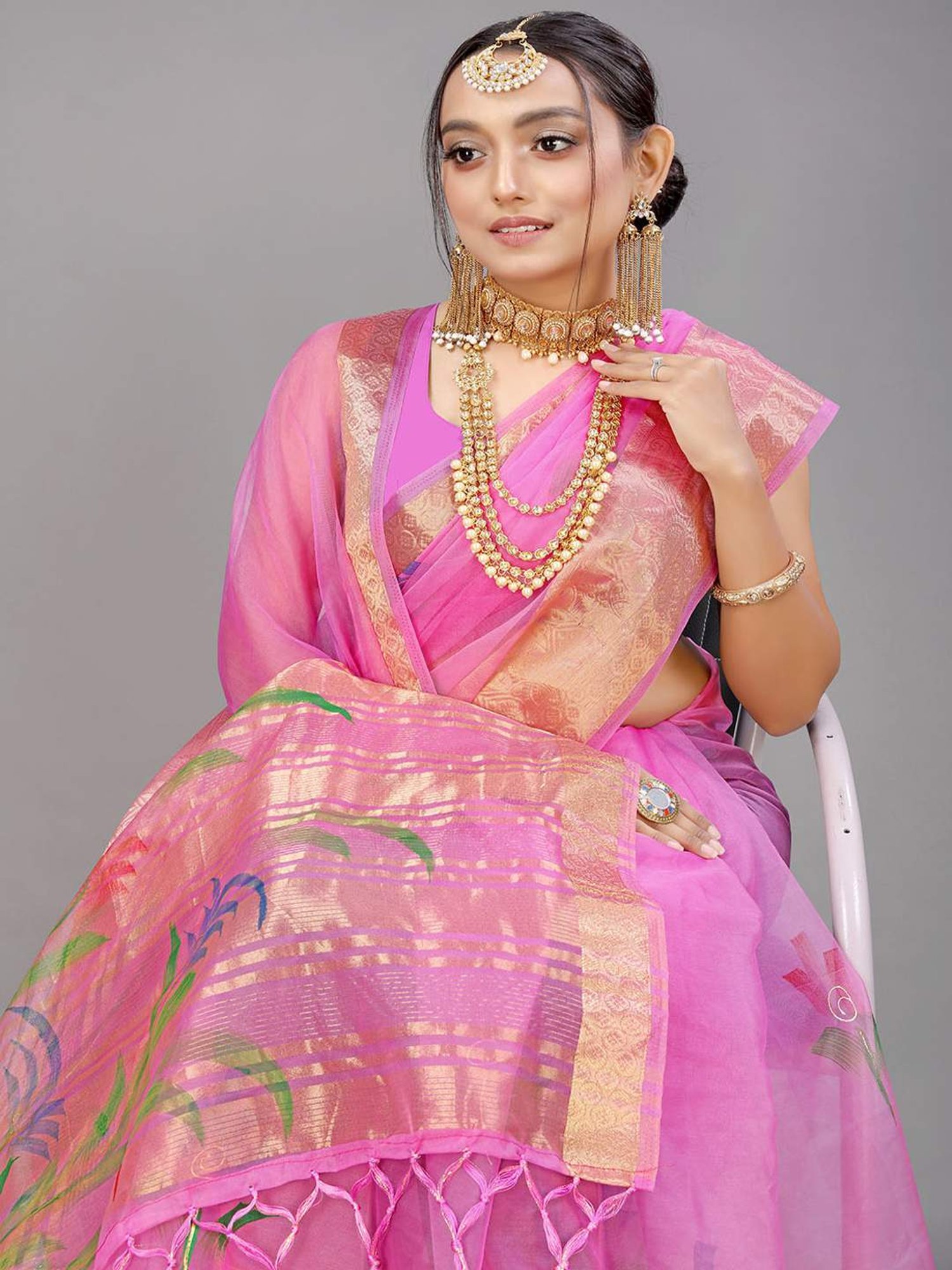 SHUBHKALA Pink Silk Woven Saree With Unstitched Blouse