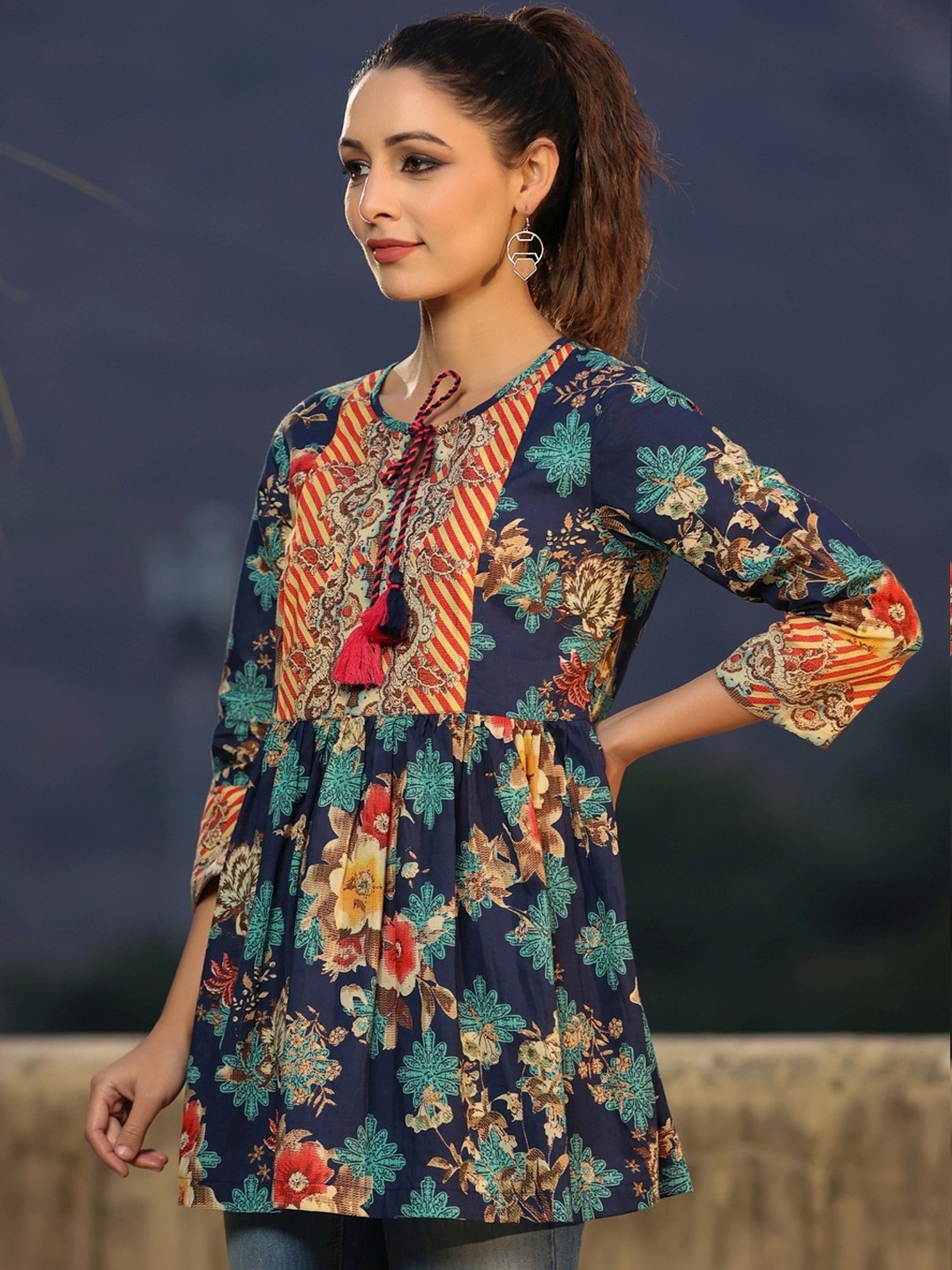 Rain and Rainbow Blue Cotton Printed Top