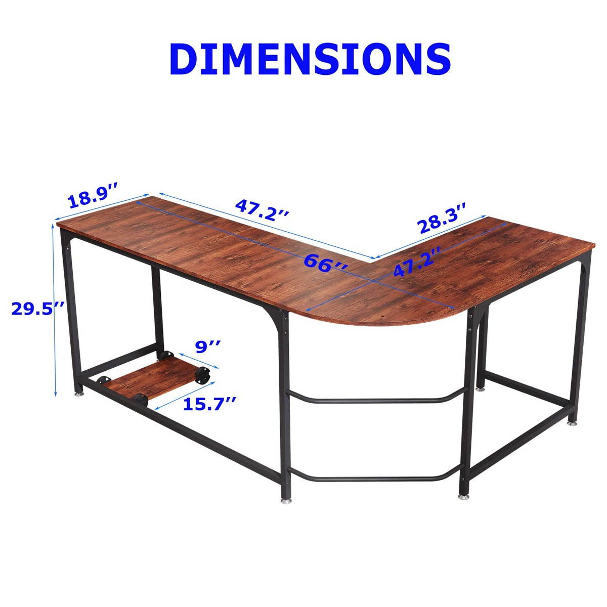 L-Shaped Computer Desk, 66-Inch Corner Desk for Study, with CPU stand Home Office Writing Workstation, Gaming Table, Space-Saving, Easy Assembly, Industrial Design, Sandalwood,GT172
