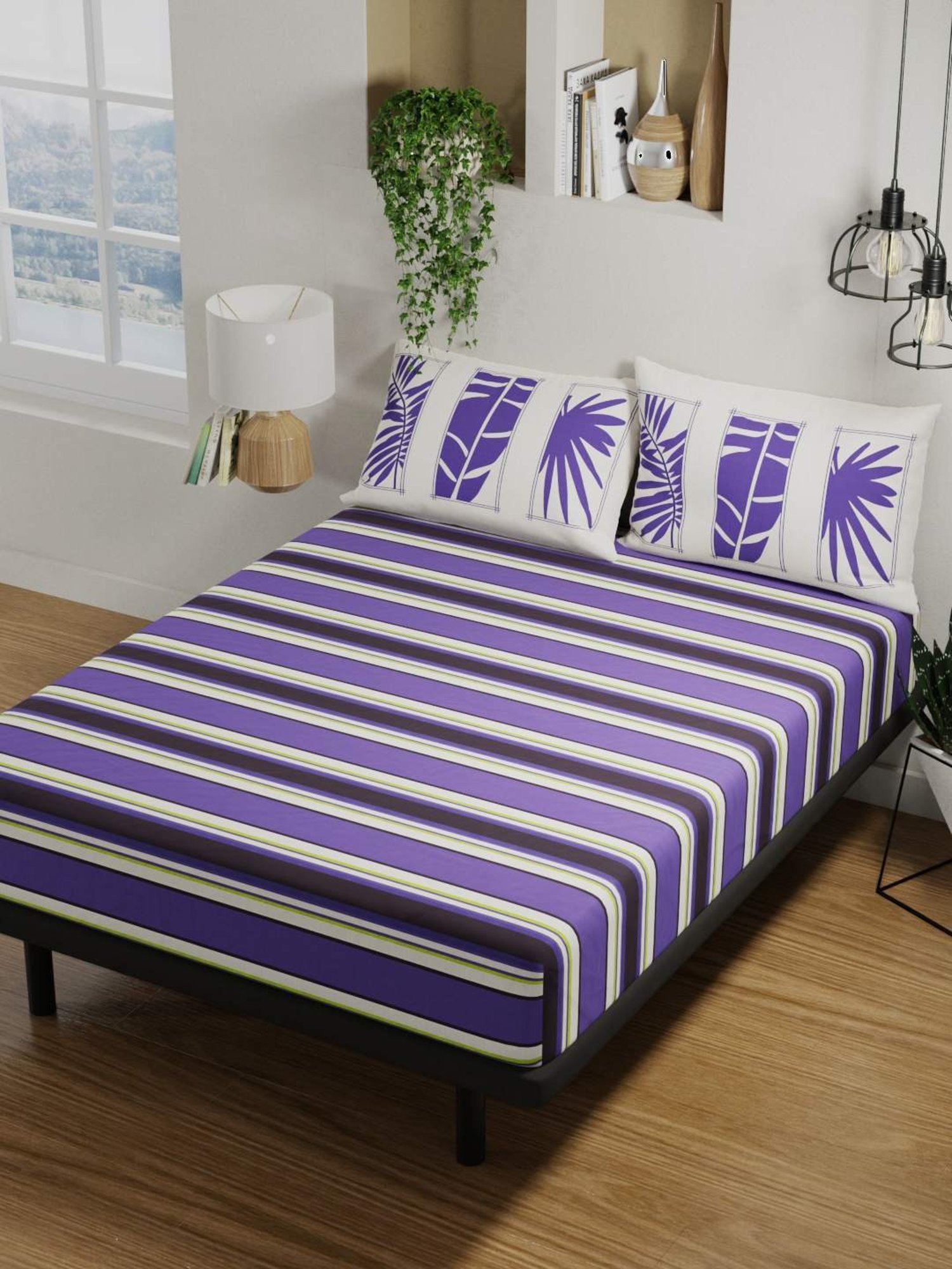 Bianca PLATINUM Stripes Purple 144 TC Cotton Double Bedsheet with 2 Pillow Covers
