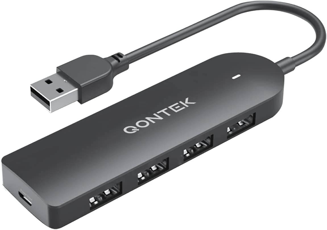 Qontek USB Hub with Power Input Port Type-A 4 USB 3.0 Ports (aka 3.1 Gen 1 3.2 Gen 1x1) 1 Power Input Port - Add Extra Power with Micro USB Charger (not Included) Transfer Data Charge Devices