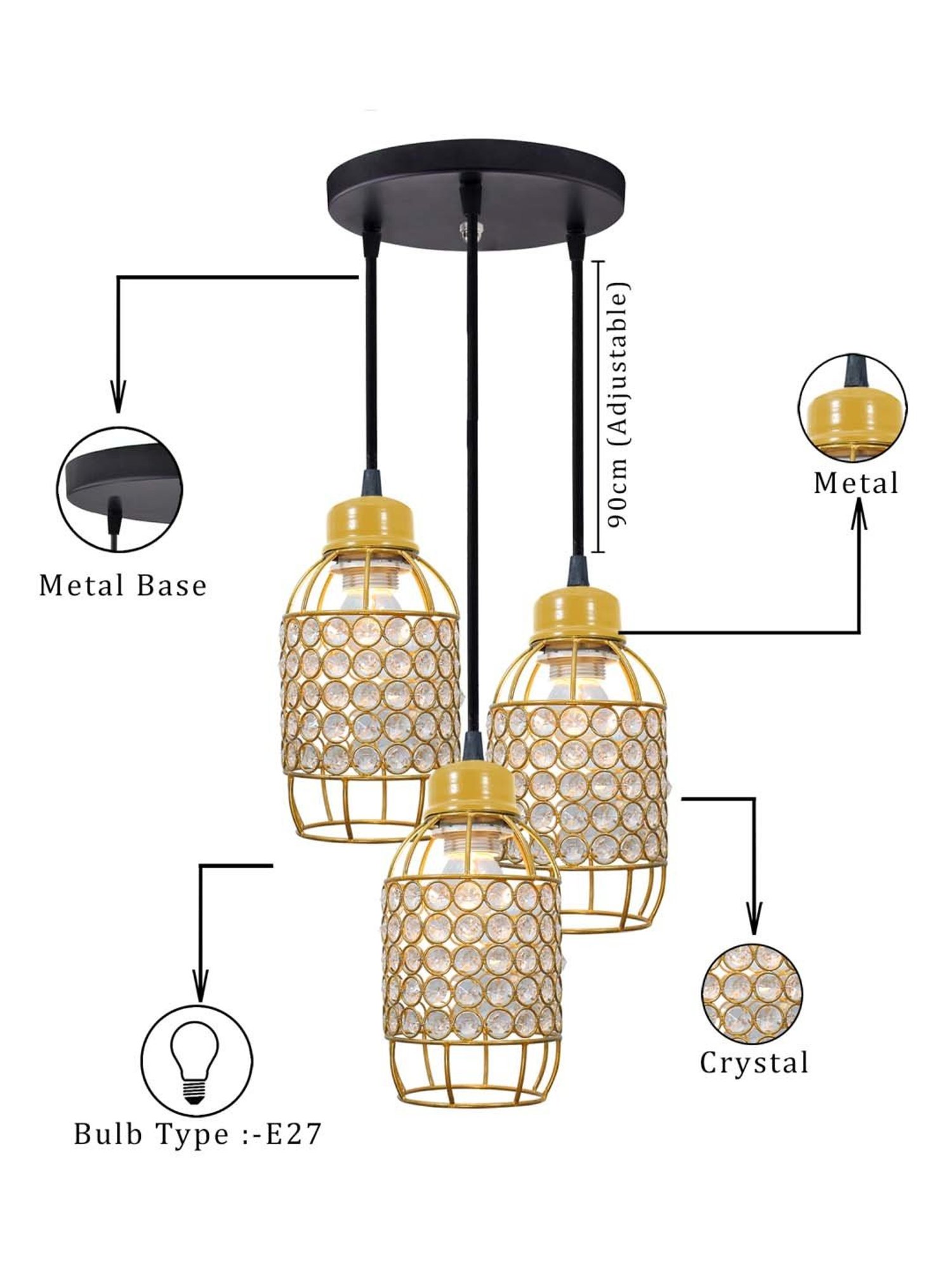 Homesake Gold Metal 3-Lights Round Cluster Chandelier Half Capsule Hanging Light