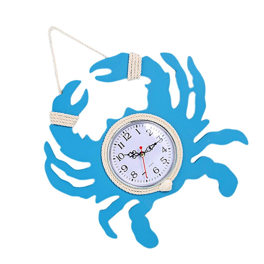 1pc Wooden Crab Wall Clock Silent Wall Clock Non-ticking  Mediterranean Style Wall Clock without Battery (Sky-blue)