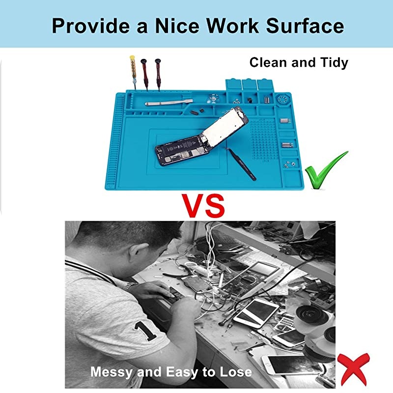 Mat Large Magnetic Silicone Solder Mat Heat Resistant 932&deg;F Electronics Mat with Tools Parts Organizer Storage for Solder Station Phone Ipad and Computer 177x 118 Blue