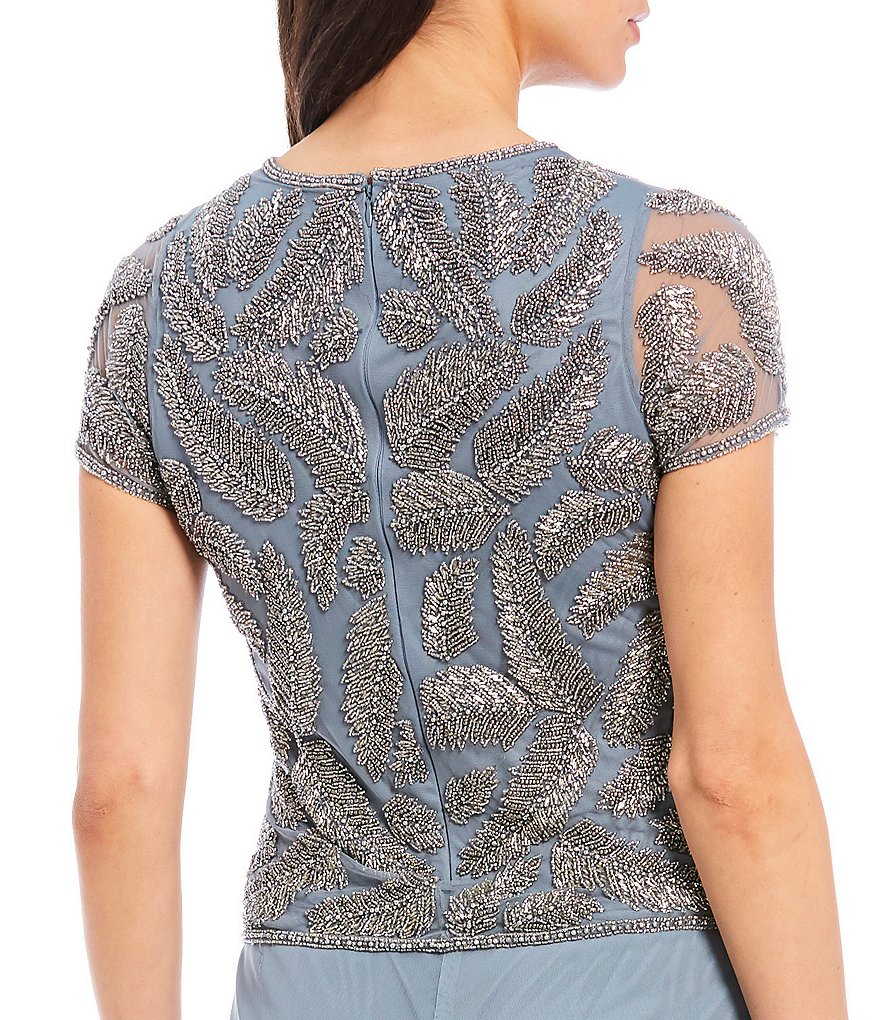 Pisarro Nights Illusion Neck Cap Sleeve Beaded Gown