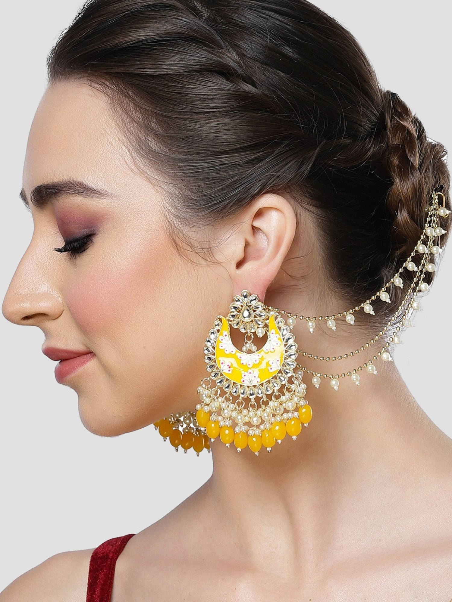 Karatcart Yellow Meena Floral Design Gold Plated Pearl and Tumble Studded Kundan Kaanchain Earrings