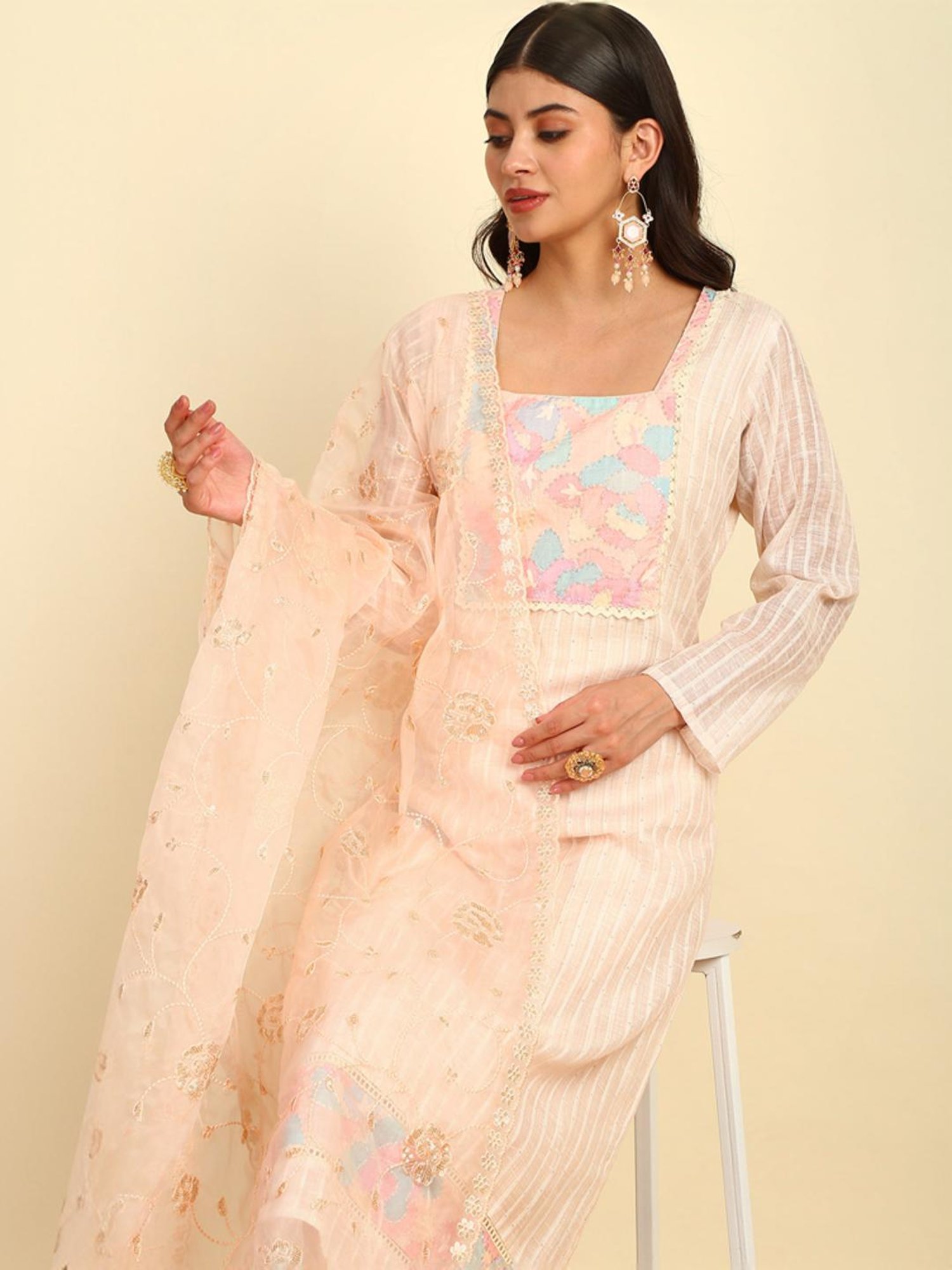 Soch Womens Peach Chanderi Unstitched Dress Material With Sequins